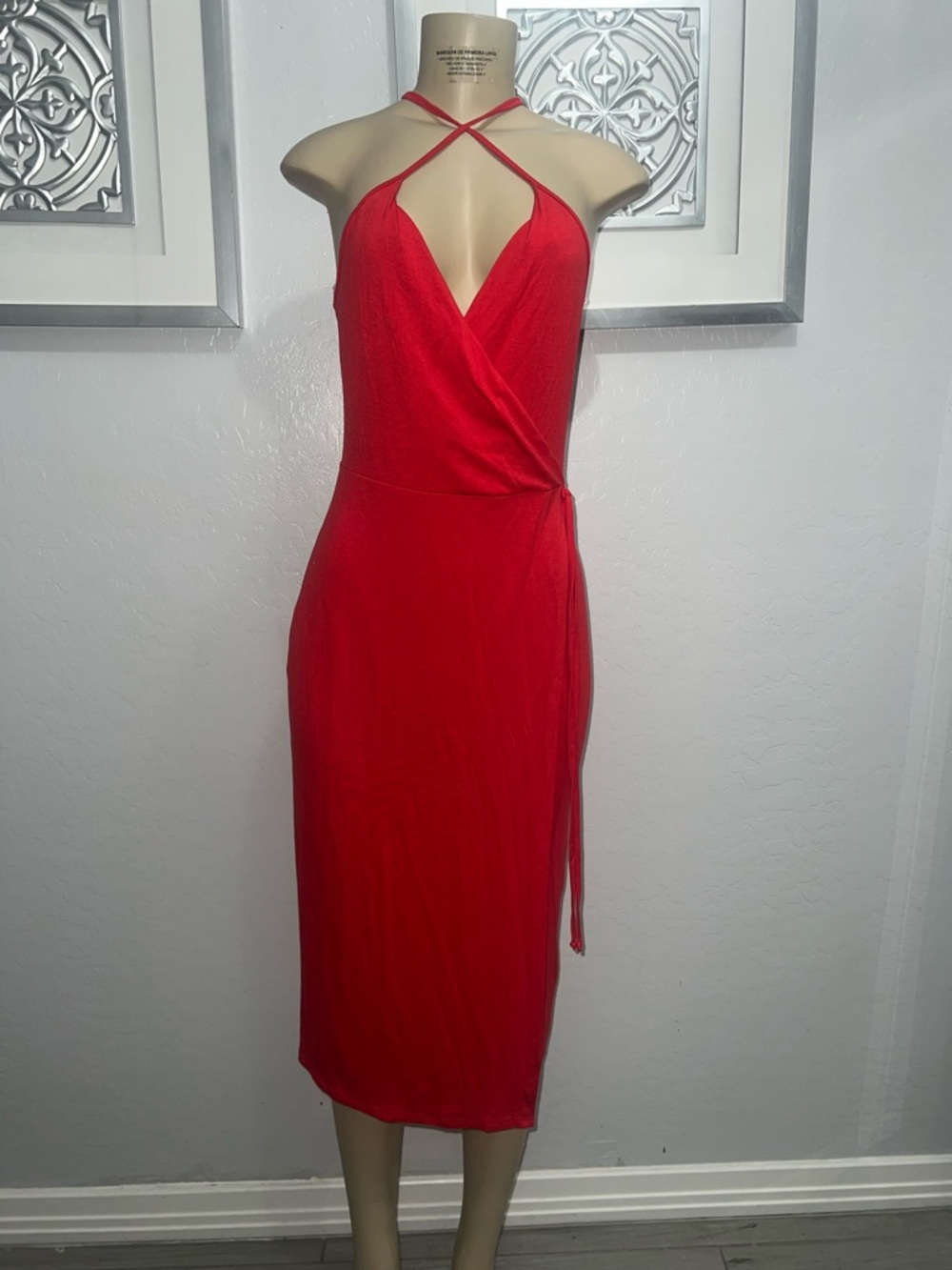 Source Unknown Red Cross-Halter Midi Wrap Dress